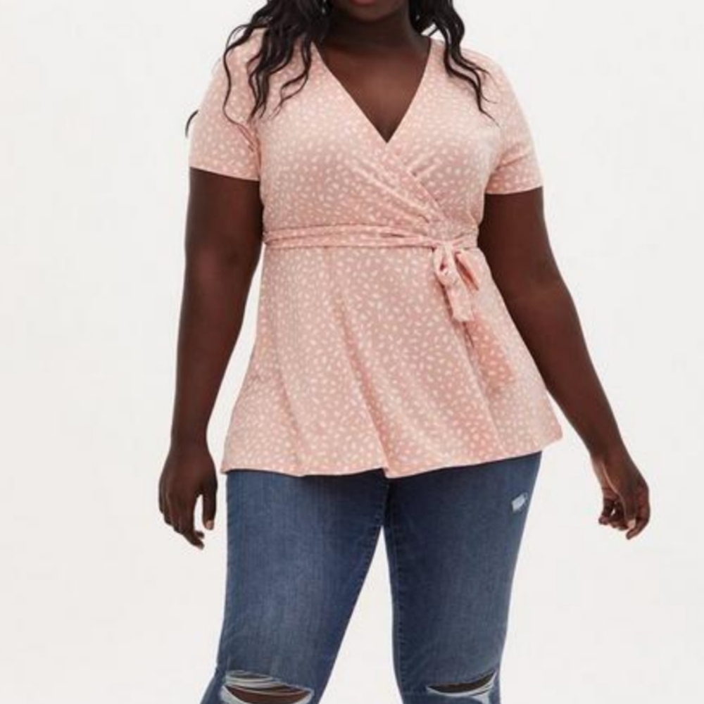 TORRID Knit Crepe Faux Wrap V neck Peplum Pink Top‎ 3